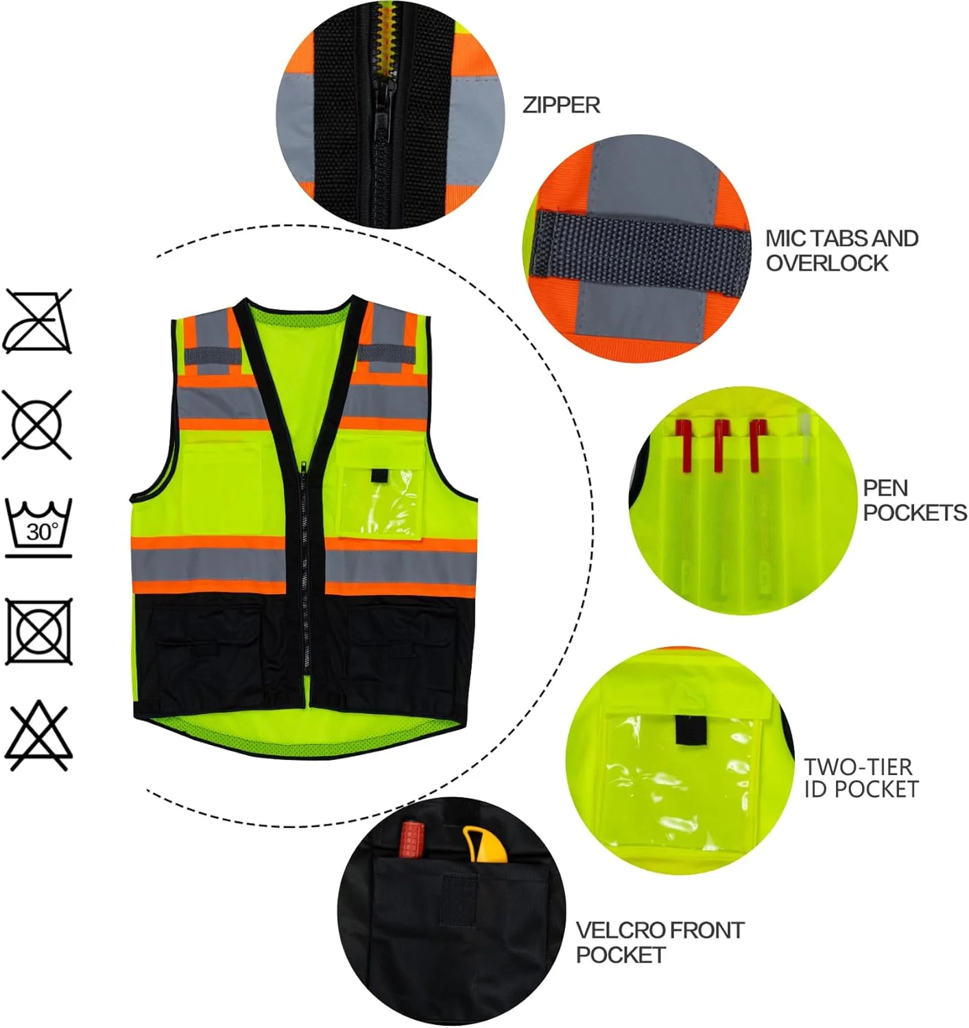 جلیقه ایمنی VENDACE، جلیقه بازتابنده دید بالا برای مردان با جیب، کلاس 2 ANSI، جلیقه کار ساختمانی با دید بالا