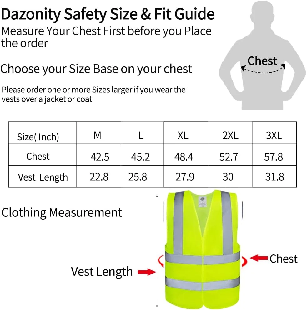 جلیقه ایمنی دازونیتی، دید بالا، نوار بازتابنده و دید بالا، برای مردان و زنان، کار، دوچرخه سواری، جاده، ساخت و ساز (زرد-XL)