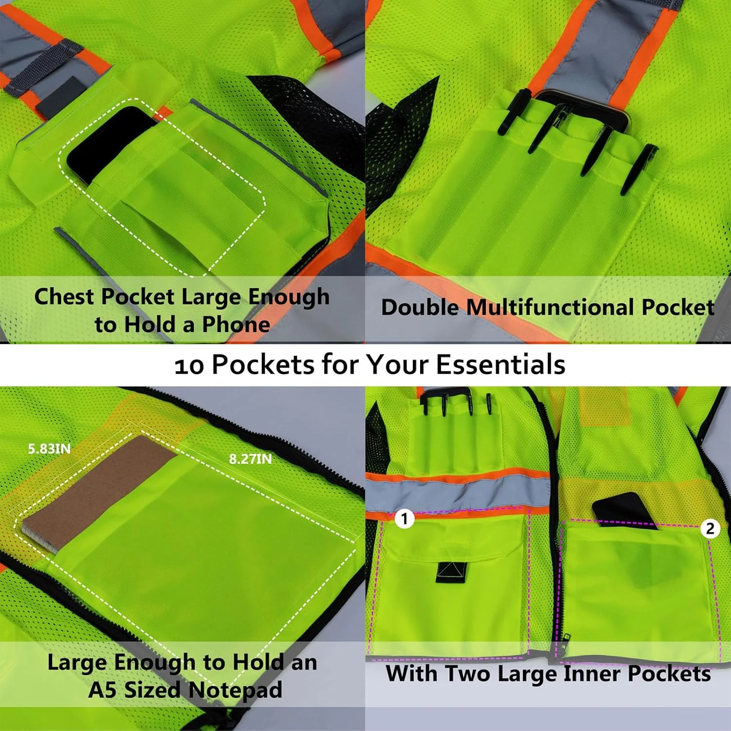 پیراهن های دید بالا مردانه Sicalobo، جلیقه های ایمنی بازتابنده با جیب و زیپ، پیراهن های دید بالای کلاس 3