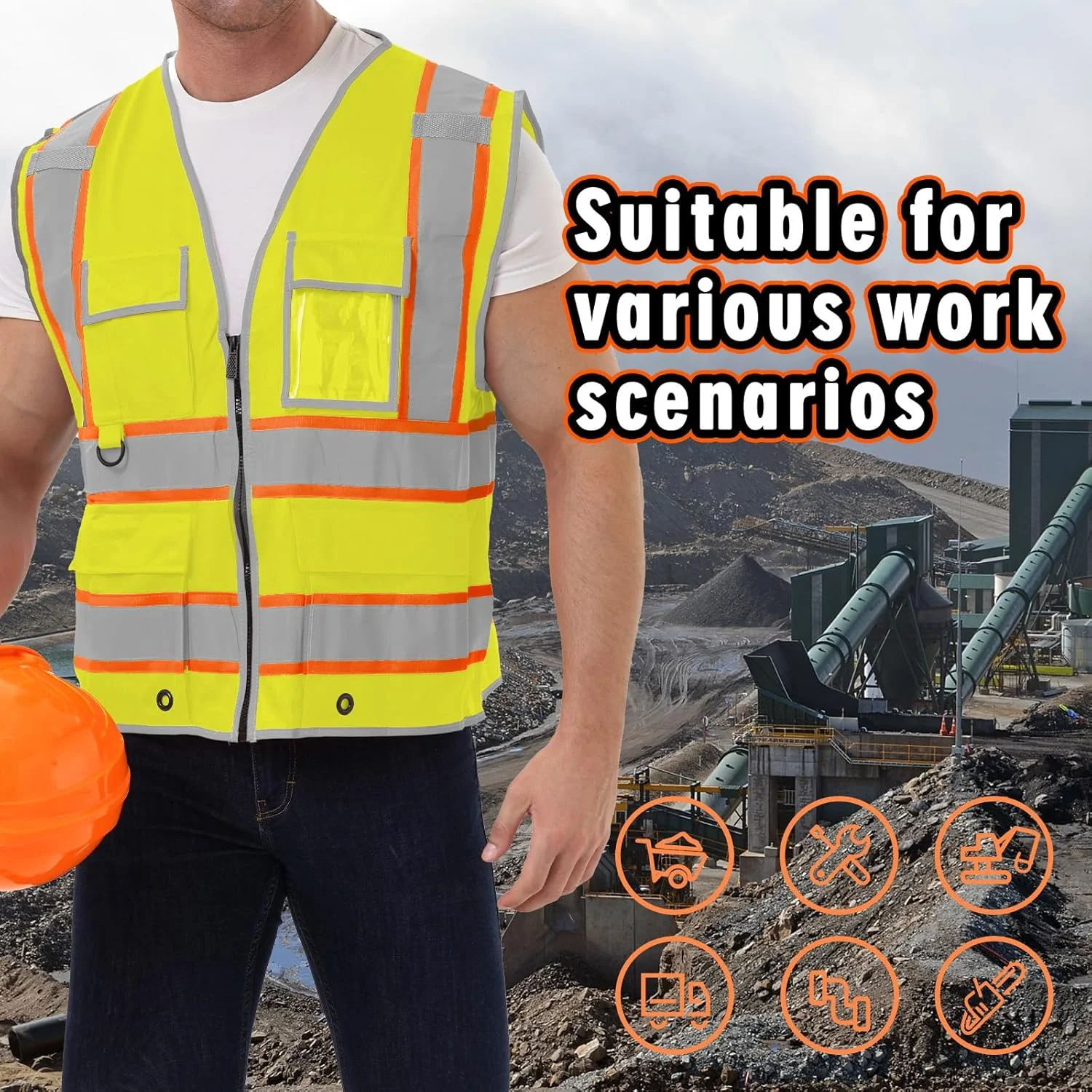 جلیقه ایمنی بازتابنده دید بالا SRSAFETY با 9 جیب، جلیقه کار ساختمانی بازتابنده دید بالا برای مردان و زنان مطابق با استاندارد ANSI/ISEA