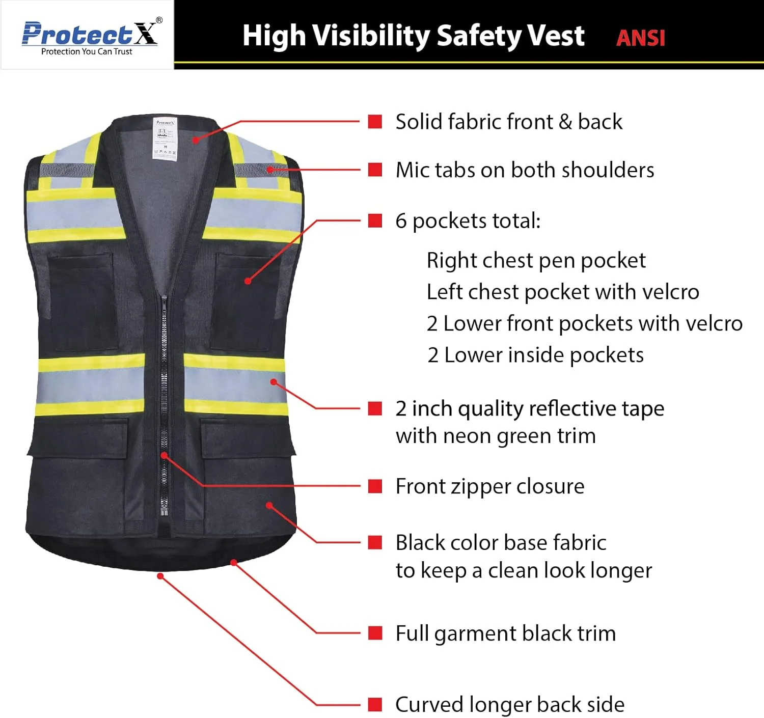 جلیقه ایمنی کار چند منظوره بزرگسالان ProtectX، زیپ دار و بازتابنده (بسته 1 عددی)