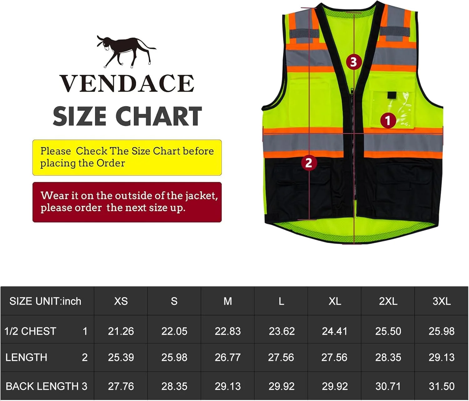 جلیقه ایمنی VENDACE، جلیقه بازتابنده دید بالا برای مردان با جیب، کلاس 2 ANSI، جلیقه کار ساختمانی با دید بالا