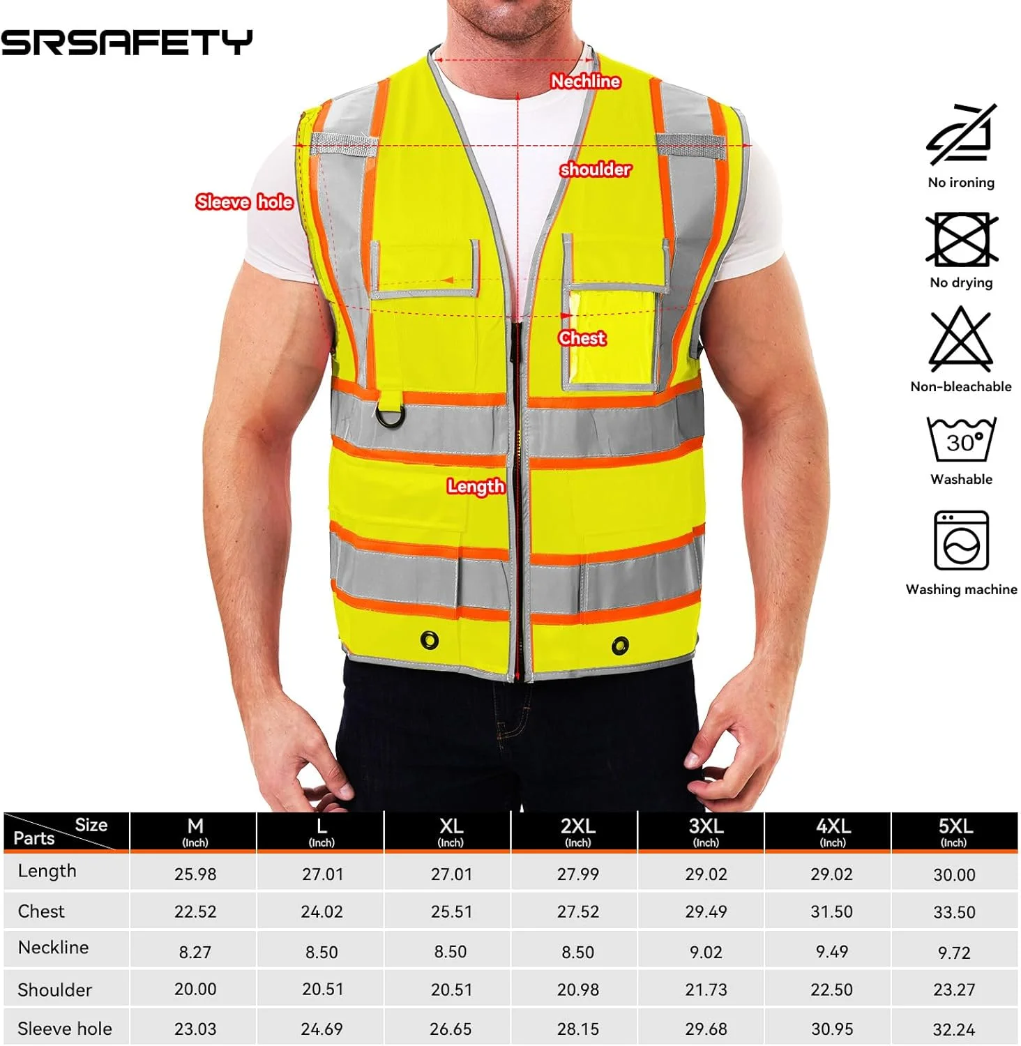 جلیقه ایمنی بازتابنده دید بالا SRSAFETY با 9 جیب، جلیقه کار ساختمانی بازتابنده دید بالا برای مردان و زنان مطابق با استاندارد ANSI/ISEA