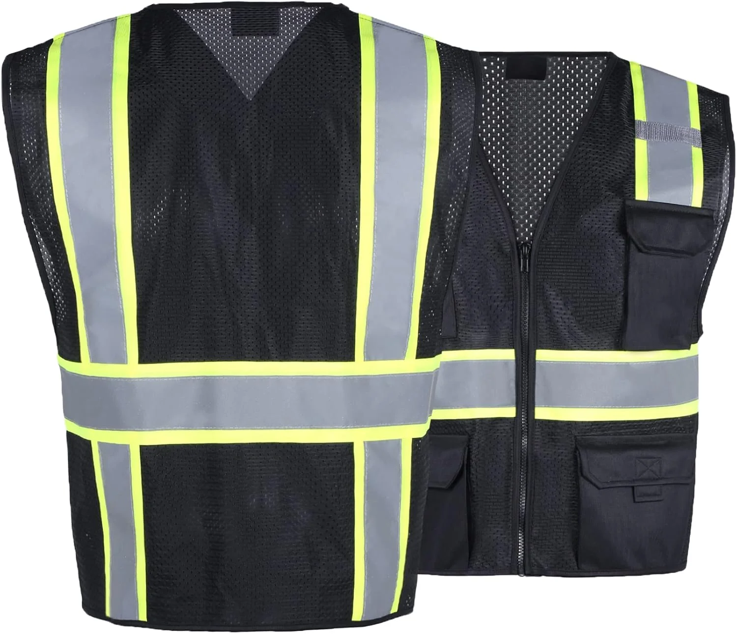 جلیقه ایمنی FONIRRA مردانه، جلیقه توری دید بالا، بازتابنده با 8 جیب و زیپ، کلاس 2 ANSI، جلیقه کار ساختمانی دید بالا (مشکی، S)