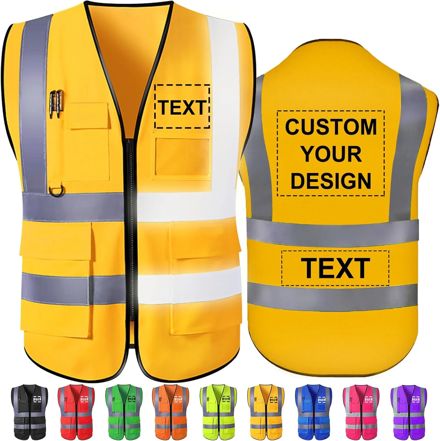 جلیقه ایمنی سفارشی، جلیقه های بازتابنده دید بالا با جیب و زیپ، کلاس 2 مناسب برای کارگران ساختمانی، حراست، لباس کار مردانه و زنانه