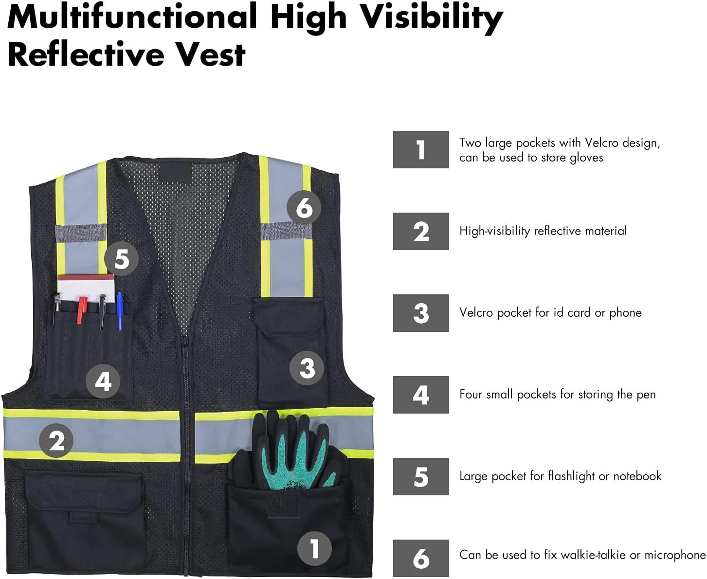 جلیقه ایمنی FONIRRA مردانه، جلیقه توری دید بالا، بازتابنده با 8 جیب و زیپ، کلاس 2 ANSI، جلیقه کار ساختمانی دید بالا (مشکی، S)