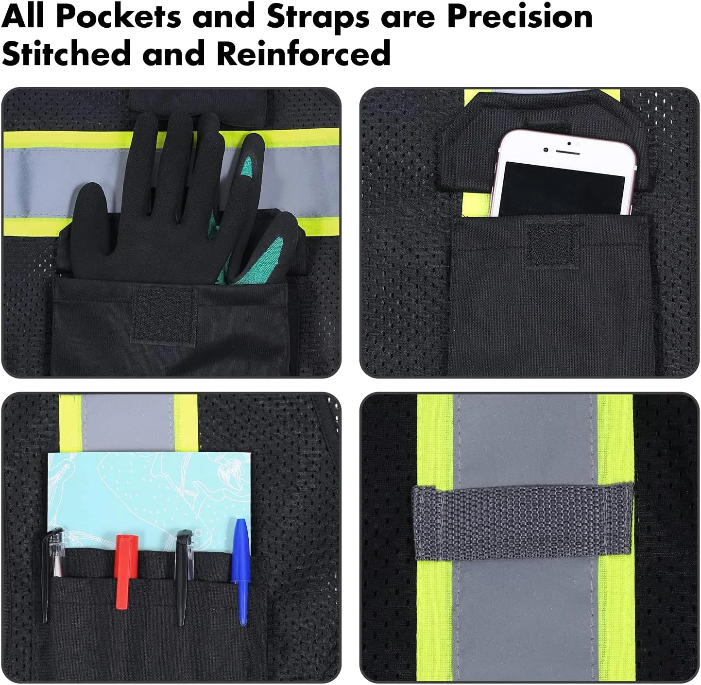 جلیقه ایمنی FONIRRA مردانه، جلیقه توری دید بالا، بازتابنده با 8 جیب و زیپ، کلاس 2 ANSI، جلیقه کار ساختمانی دید بالا (مشکی، S)