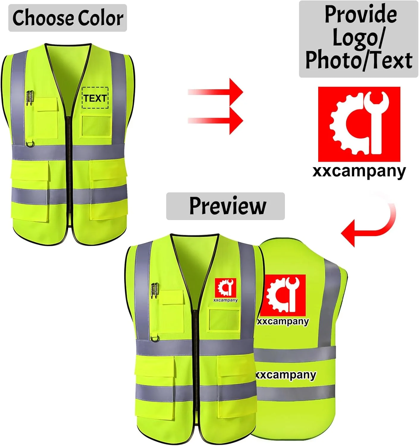 جلیقه ایمنی سفارشی، جلیقه های بازتابنده دید بالا با جیب و زیپ، کلاس 2 مناسب برای کارگران ساختمانی، حراست، لباس کار مردانه و زنانه
