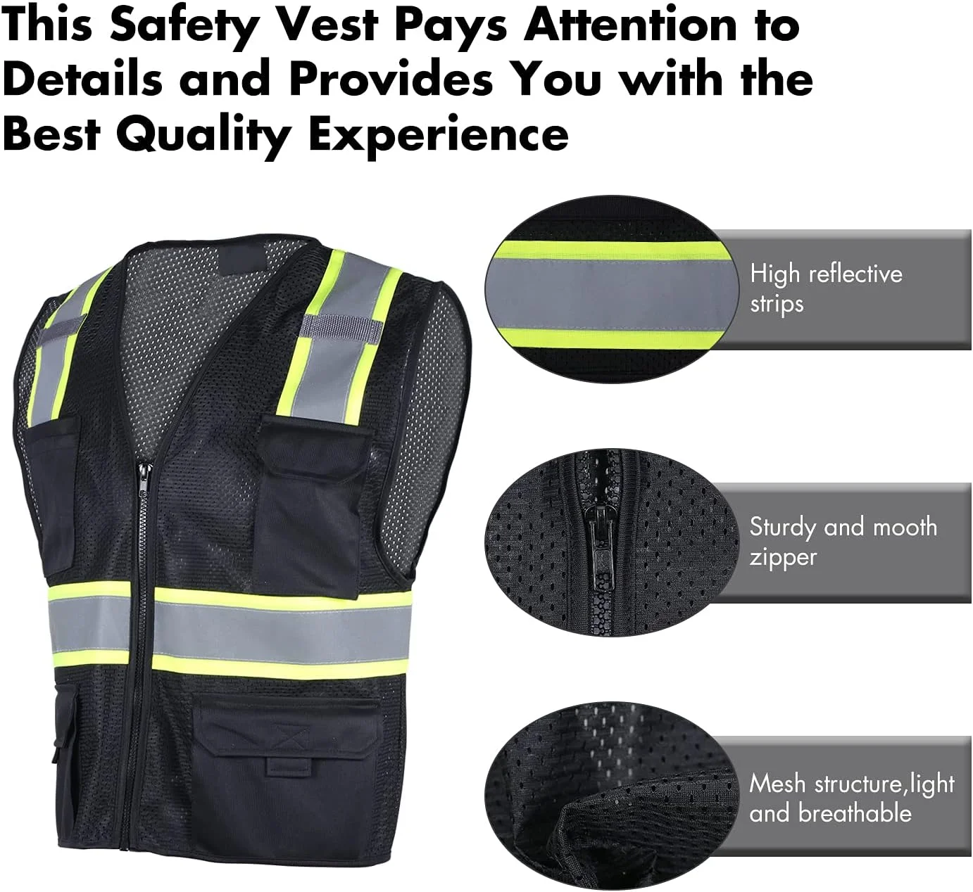 جلیقه ایمنی FONIRRA مردانه، جلیقه توری دید بالا، بازتابنده با 8 جیب و زیپ، کلاس 2 ANSI، جلیقه کار ساختمانی دید بالا (مشکی، S)