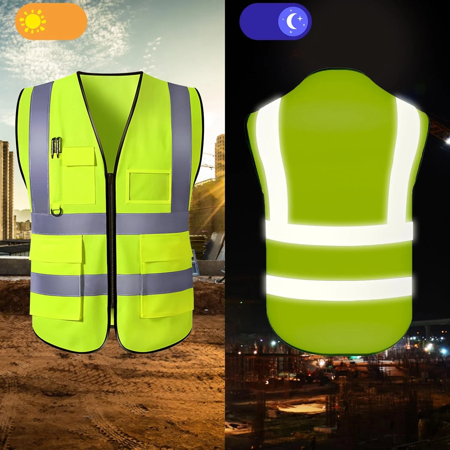 جلیقه ایمنی سفارشی، جلیقه های بازتابنده دید بالا با جیب و زیپ، کلاس 2 مناسب برای کارگران ساختمانی، حراست، لباس کار مردانه و زنانه