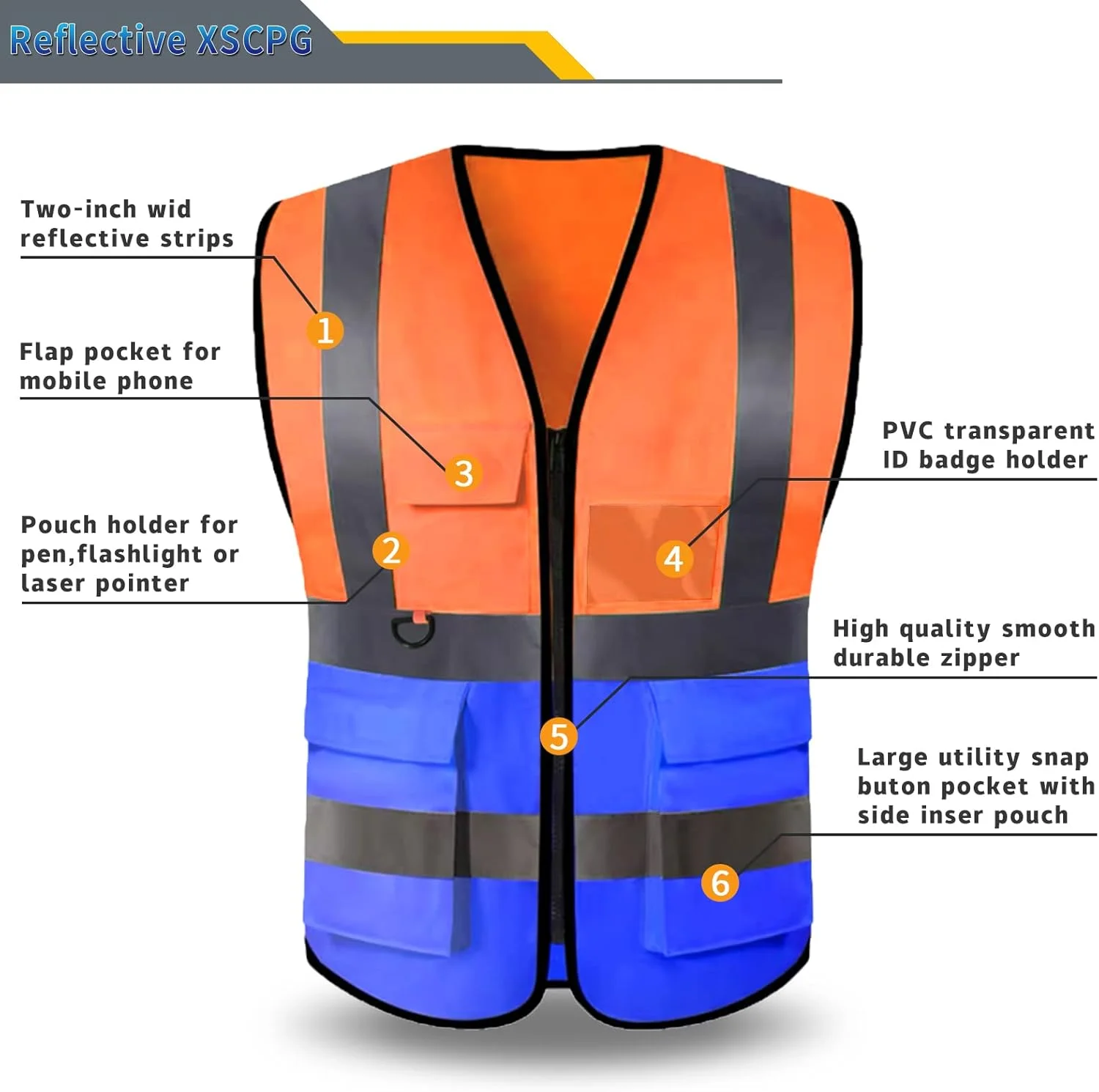 جلیقه ایمنی بازتابنده، قابلیت چاپ لوگو با 5 جیب، دید بالا، استاندارد ANSI کلاس 2، لباس کار محافظ فضای باز