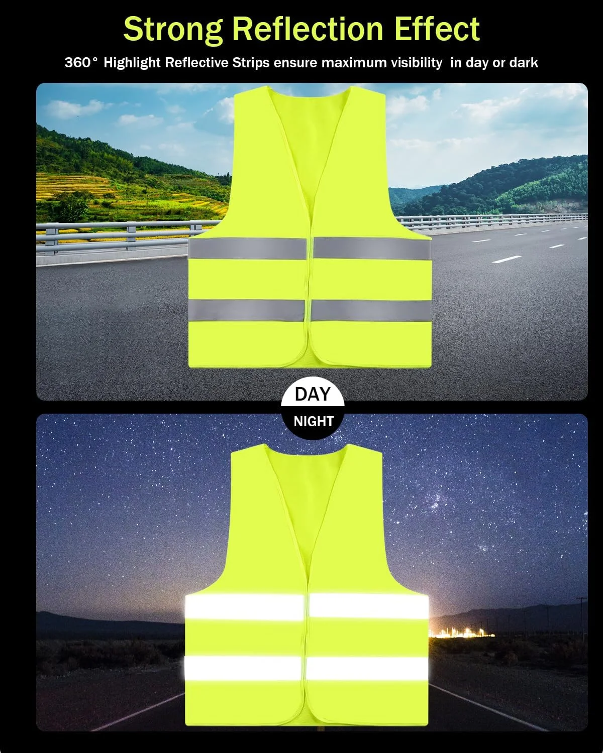 جلیقه های دید بالا ZephyrCraft بسته 10 عددی، جلیقه های ایمنی با دید بالا، جلیقه دید بالا با 2 نوار بازتابنده برای کار ترافیکی، دوچرخه سواری، دویدن، ساخت جاده، زرد، M
