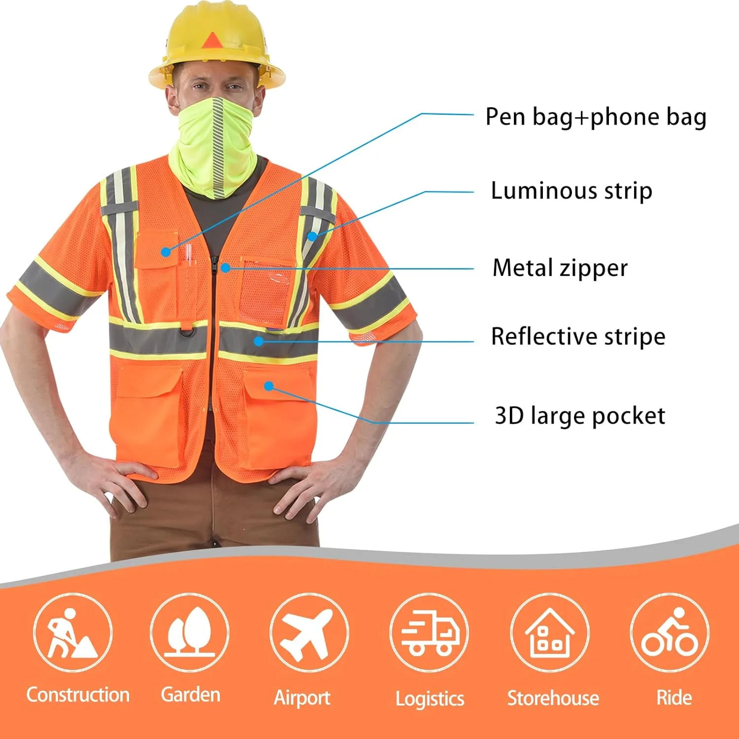 جلیقه ایمنی بازتابنده دید بالا AYKRM، ۱۱ رنگ، مناسب برای زنان و مردان، دارای جیب و زیپ