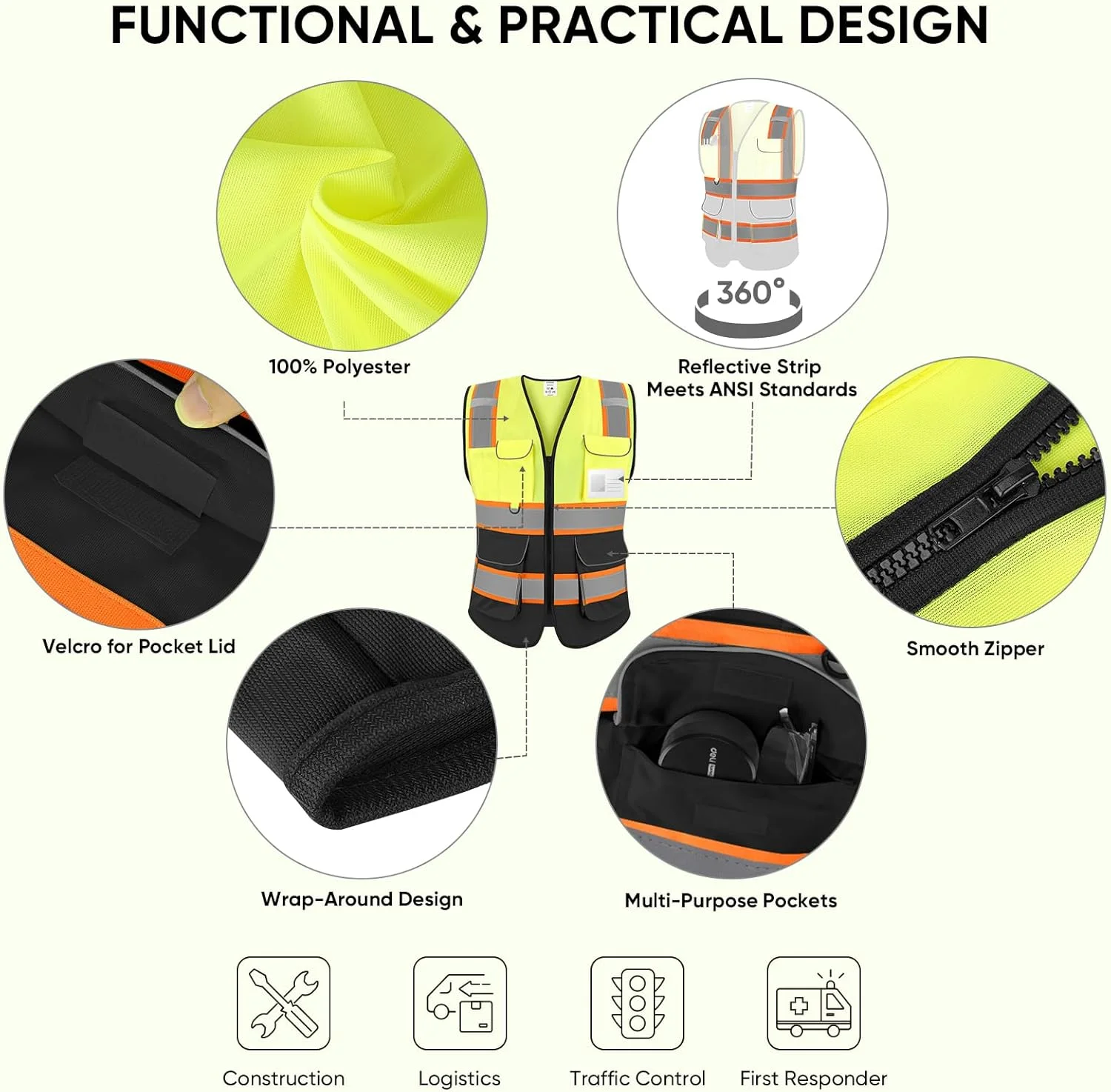 جلیقه ایمنی بازتابنده TICONN با دید بالا، جلیقه پلی استر کلاس II برای زنان و مردان مطابق با استانداردهای ANSI