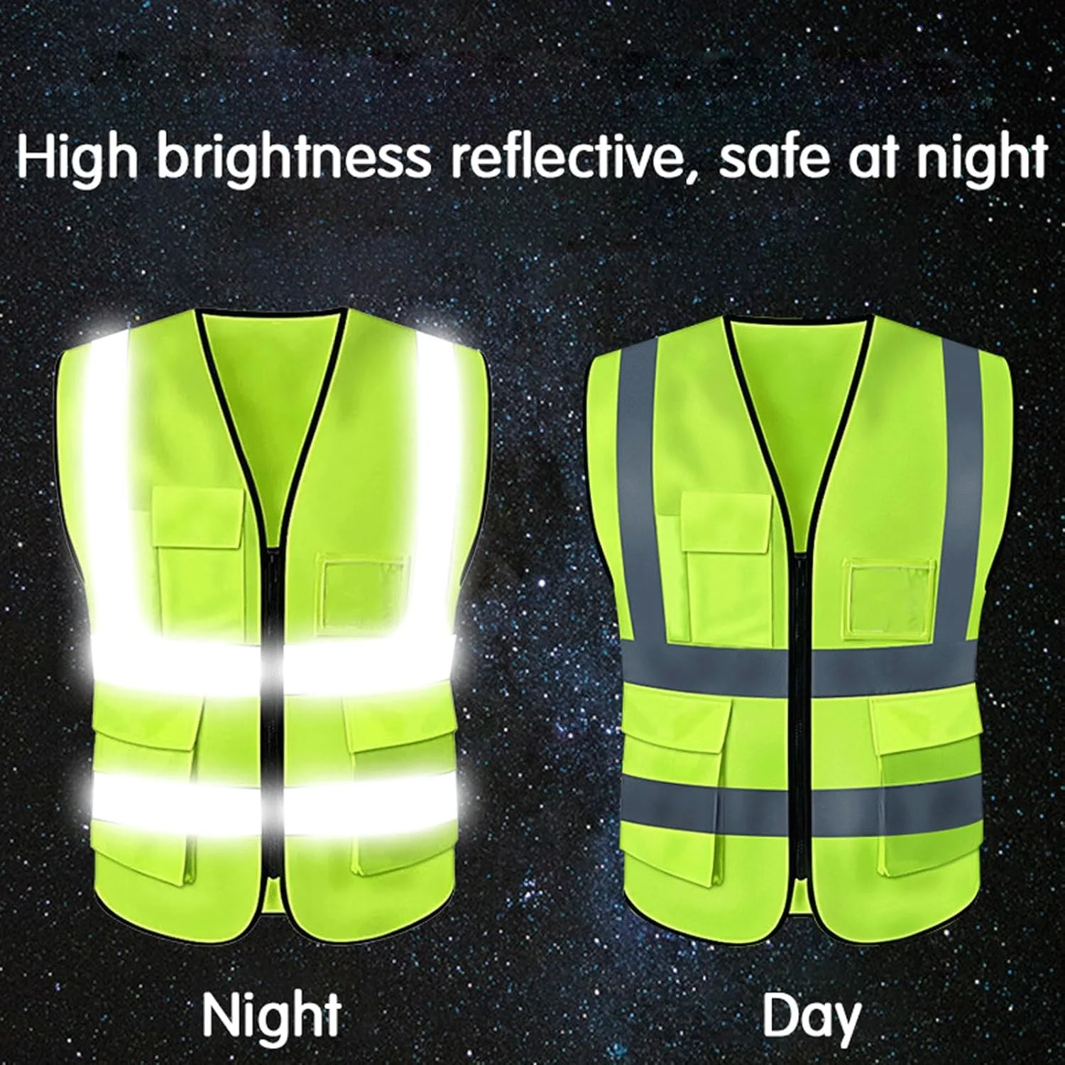 جلیقه ایمنی دید بالا، ژاکت بازتابنده ایمنی با جیب های متعدد، جلیقه دید بالا با زیپ جلو، برای کار ترافیکی، ساخت و ساز، امنیت، مناسب برای همه