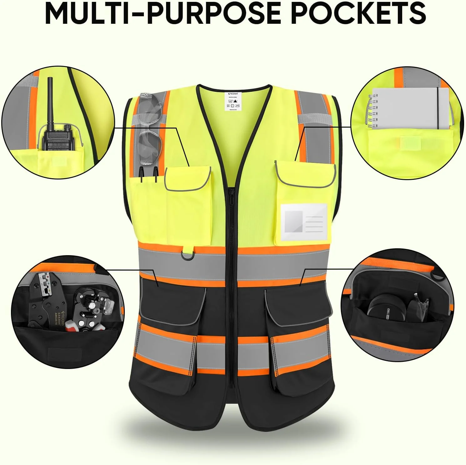 جلیقه ایمنی بازتابنده TICONN با دید بالا، جلیقه پلی استر کلاس II برای زنان و مردان مطابق با استانداردهای ANSI