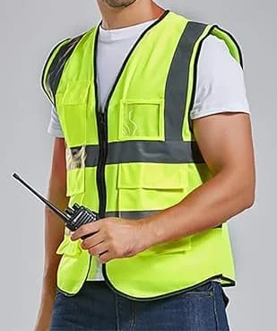 جلیقه ایمنی اکو کر، جلیقه بازتابنده با دید بالا، ژاکت ایمنی هشدار روز و شب با زیپ و 4 جیب