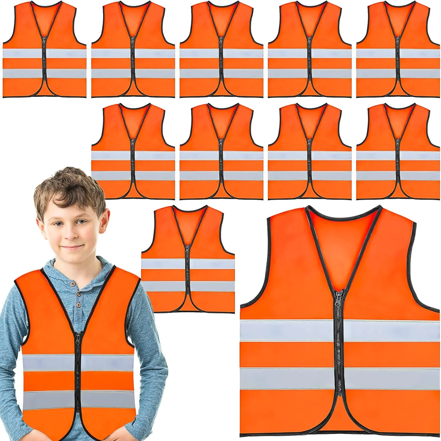 ست 10 عددی جلیقه ایمنی کودکانه دید بالا، جلیقه های ایمنی بچه گانه عمده با نوارهای بازتابنده، ژاکت های نارنجی دید بالا با زیپ برای کودکان 3-10 ساله دوچرخه سواری، دویدن، پیش دبستانی ست 10 عددی جلیقه ایمنی کودکانه دید بالا، جلیقه های ایمنی بچه گانه عمده با نوارهای بازتابنده، ژاکت های نارنجی دید بالا با زیپ برای کودکان 3-10 ساله دوچرخه سواری، دویدن، پیش دبستانی