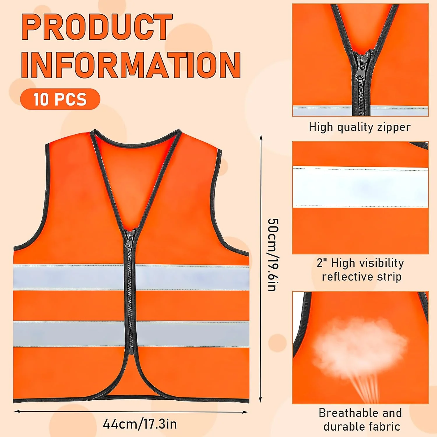 ست 10 عددی جلیقه ایمنی کودکانه دید بالا، جلیقه های ایمنی بچه گانه عمده با نوارهای بازتابنده، ژاکت های نارنجی دید بالا با زیپ برای کودکان 3-10 ساله دوچرخه سواری، دویدن، پیش دبستانی