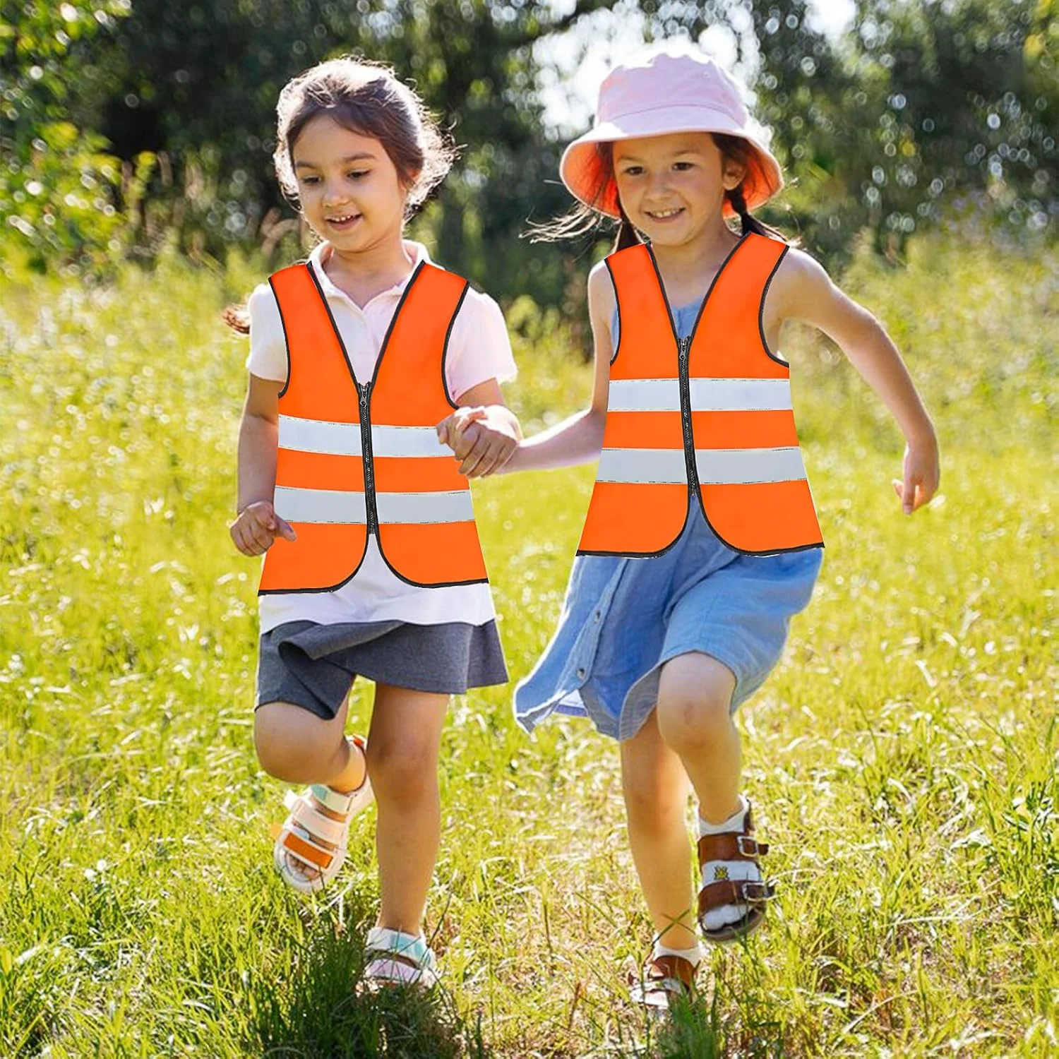 ست 10 عددی جلیقه ایمنی کودکانه دید بالا، جلیقه های ایمنی بچه گانه عمده با نوارهای بازتابنده، ژاکت های نارنجی دید بالا با زیپ برای کودکان 3-10 ساله دوچرخه سواری، دویدن، پیش دبستانی