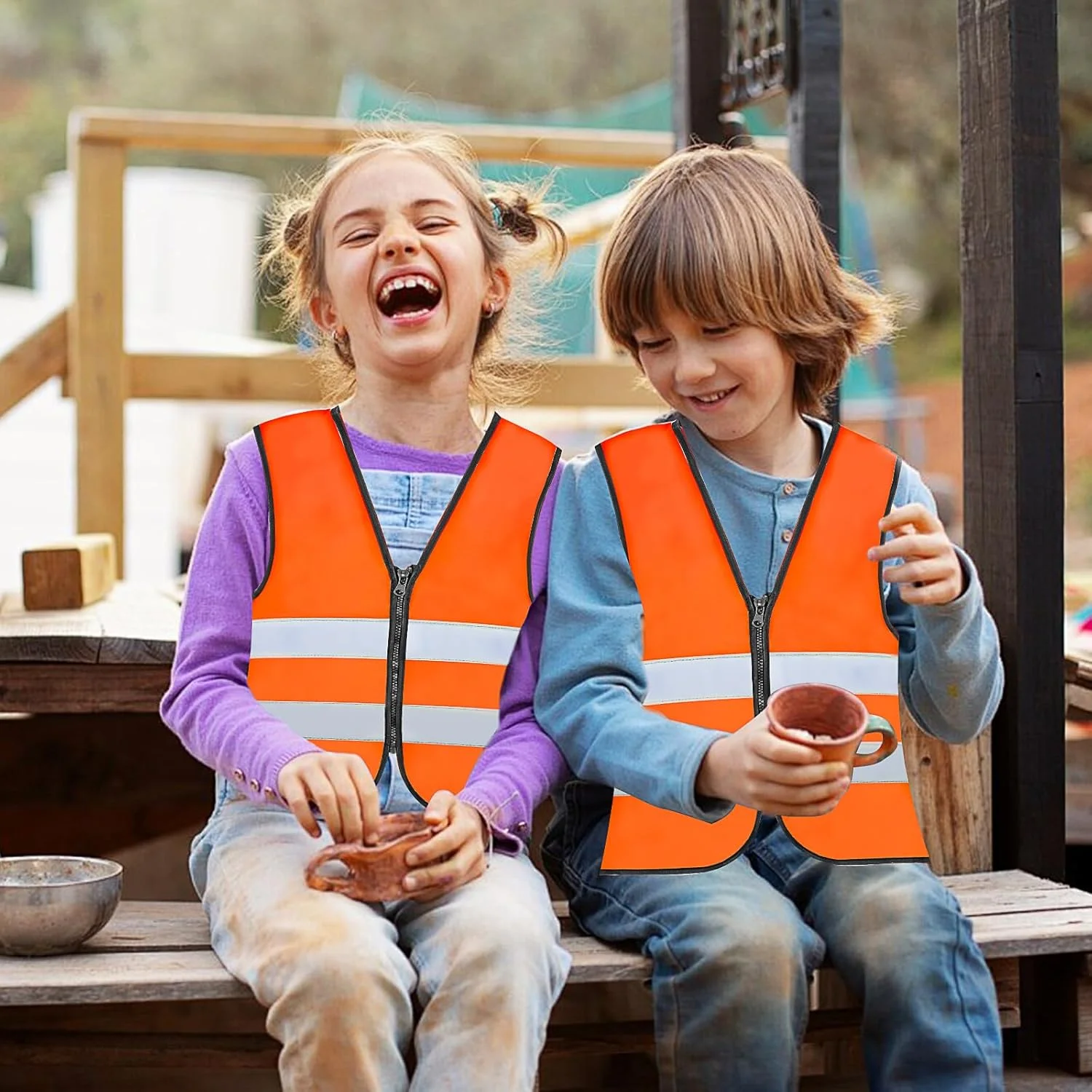 ست 10 عددی جلیقه ایمنی کودکانه دید بالا، جلیقه های ایمنی بچه گانه عمده با نوارهای بازتابنده، ژاکت های نارنجی دید بالا با زیپ برای کودکان 3-10 ساله دوچرخه سواری، دویدن، پیش دبستانی