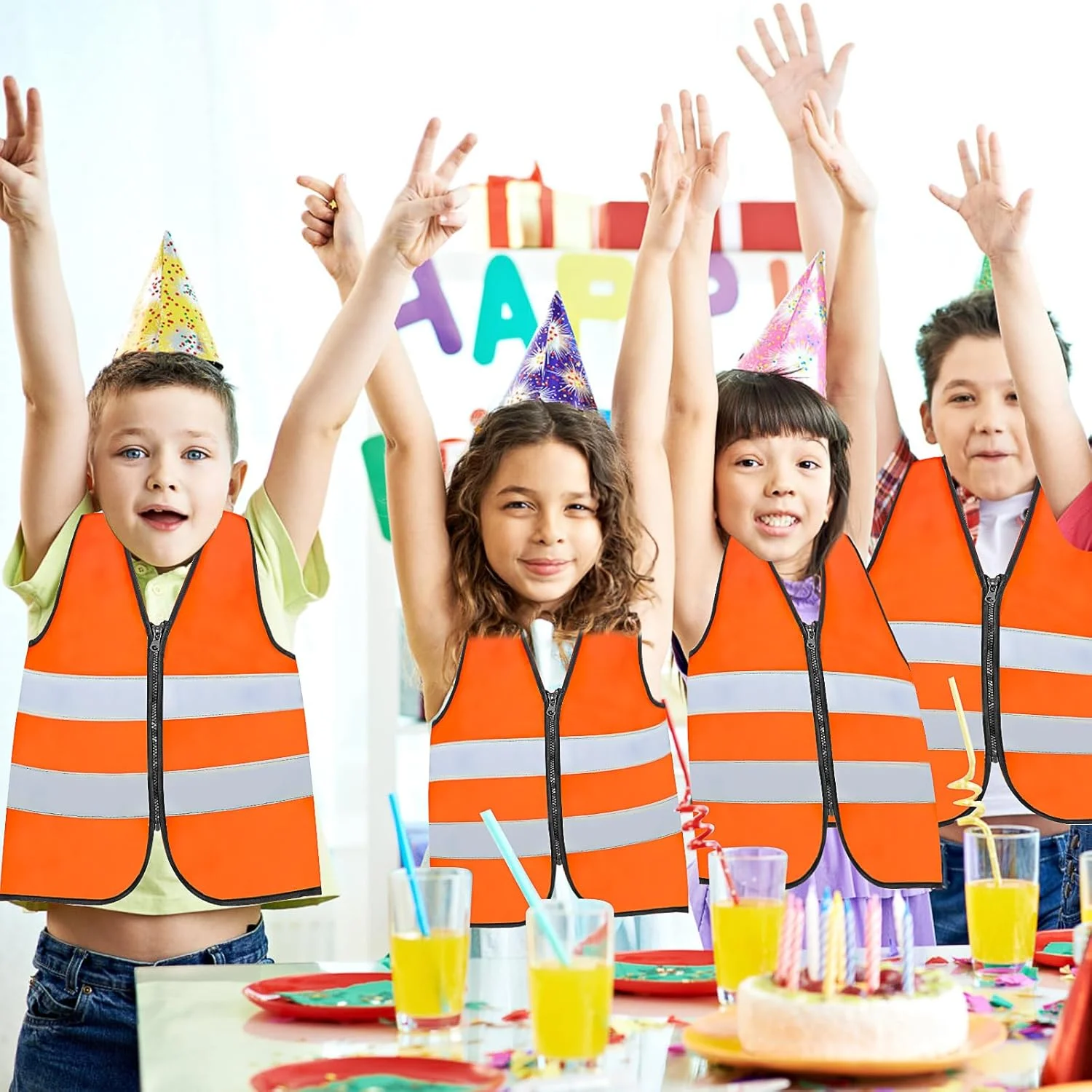 ست 10 عددی جلیقه ایمنی کودکانه دید بالا، جلیقه های ایمنی بچه گانه عمده با نوارهای بازتابنده، ژاکت های نارنجی دید بالا با زیپ برای کودکان 3-10 ساله دوچرخه سواری، دویدن، پیش دبستانی