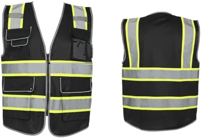 جلیقه ایمنی دید بالا، مشکی با نوارهای بازتابنده زرد، جیب های متعدد، بست زیپی، 100% پلی استر جلیقه ایمنی دید بالا، مشکی با نوارهای بازتابنده زرد، جیب های متعدد، بست زیپی، 100% پلی استر