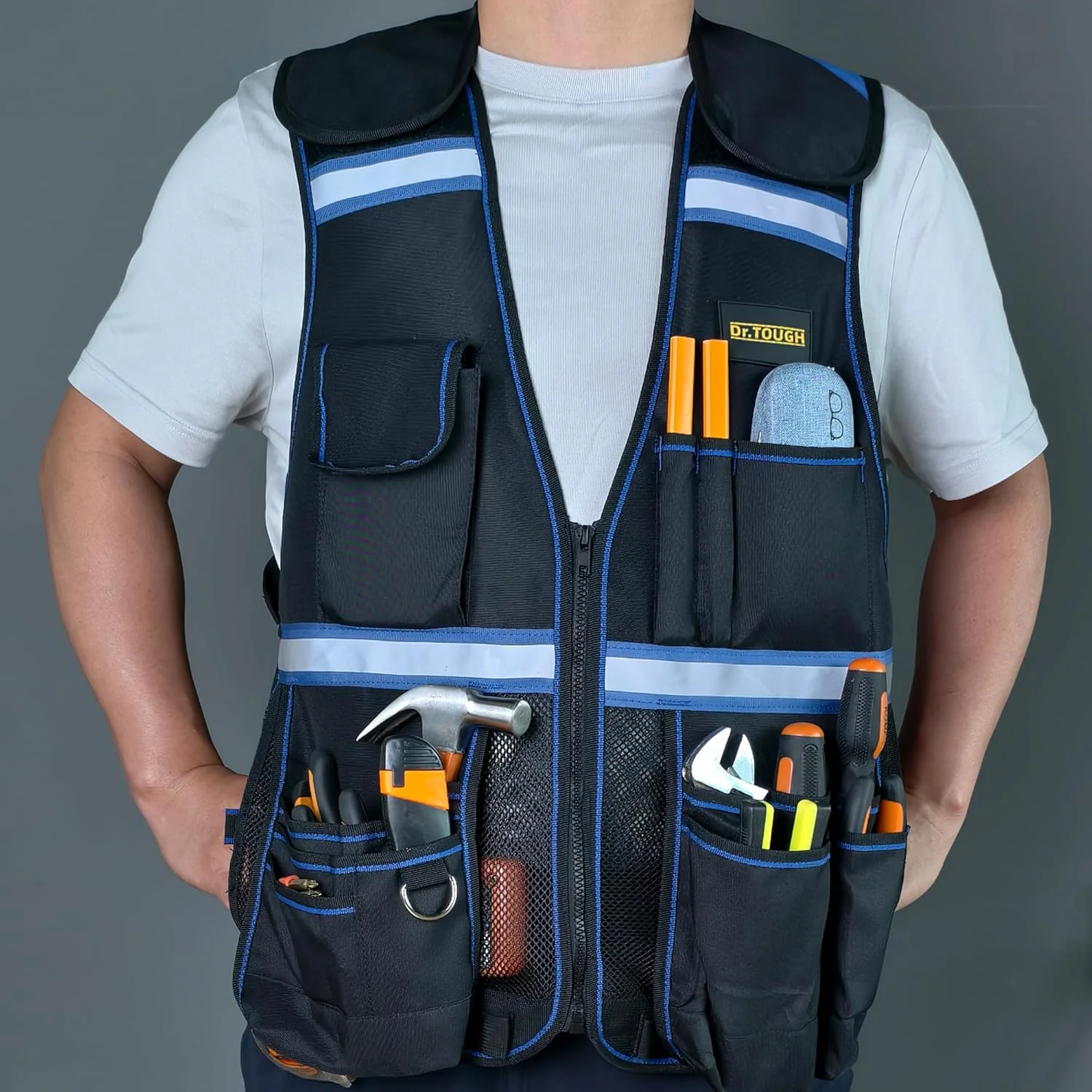 جلیقه کار Dr.TOUGH مردانه، جلیقه ایمنی مشکی بازتابنده برای مردان، جلیقه ابزار برای نجاران و برقکاران