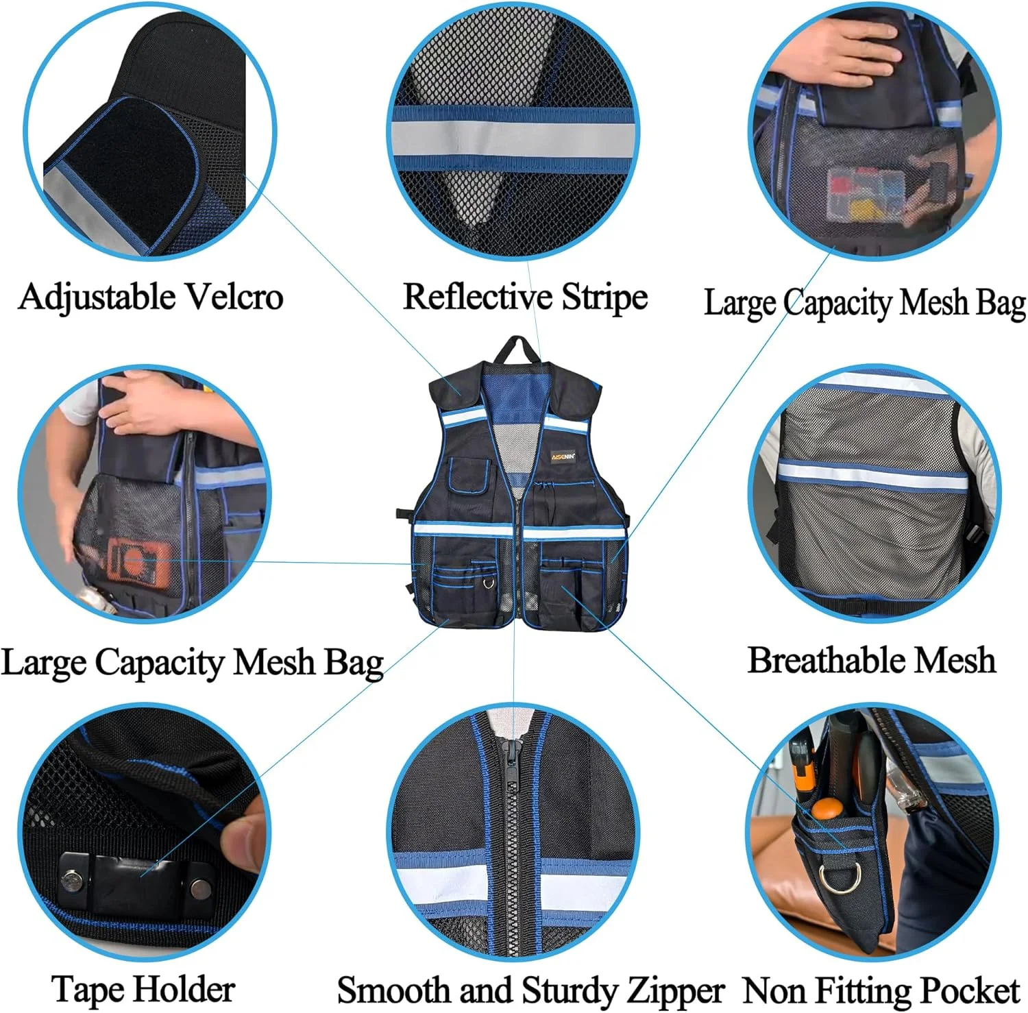 جلیقه کار Dr.TOUGH مردانه، جلیقه ایمنی مشکی بازتابنده برای مردان، جلیقه ابزار برای نجاران و برقکاران