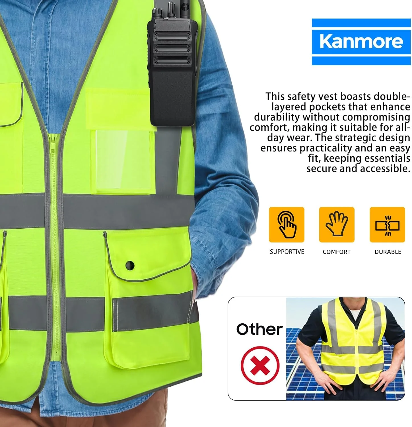 جلیقه ایمنی کانمور - نارنجی دید بالا، EN ISO 20471، دارای 7 جیب دکمه دار، بازتابنده و قابل شستشو برای ساخت و ساز و ایمنی شخصی جلیقه ایمنی کانمور - نارنجی دید بالا، EN ISO 20471، دارای 7 جیب دکمه دار، بازتابنده و قابل شستشو برای ساخت و ساز و ایمنی شخصی