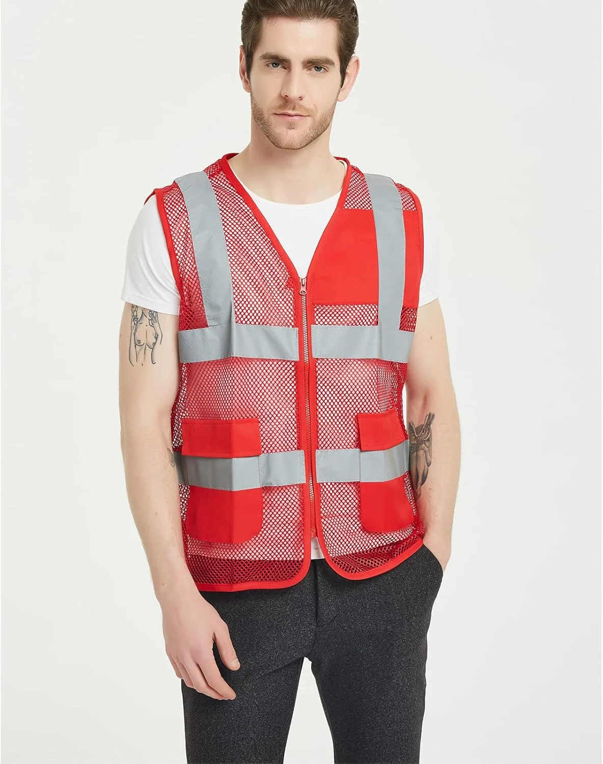 جلیقه داوطلبانه توری TOPTIE سایز آمریکا، جلیقه ایمنی زیپ دار با نوار بازتابنده و جیب