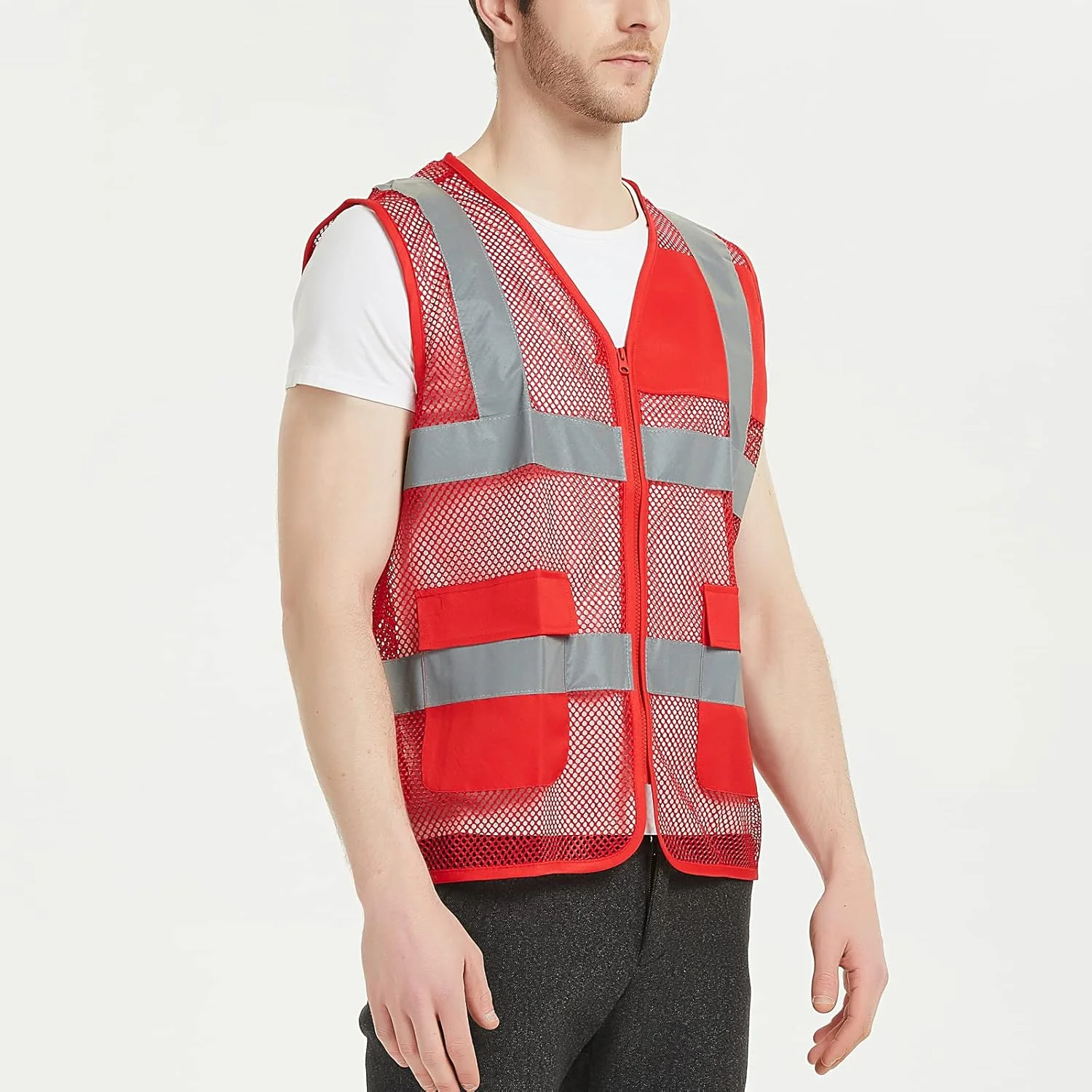 جلیقه داوطلبانه توری TOPTIE سایز آمریکا، جلیقه ایمنی زیپ دار با نوار بازتابنده و جیب