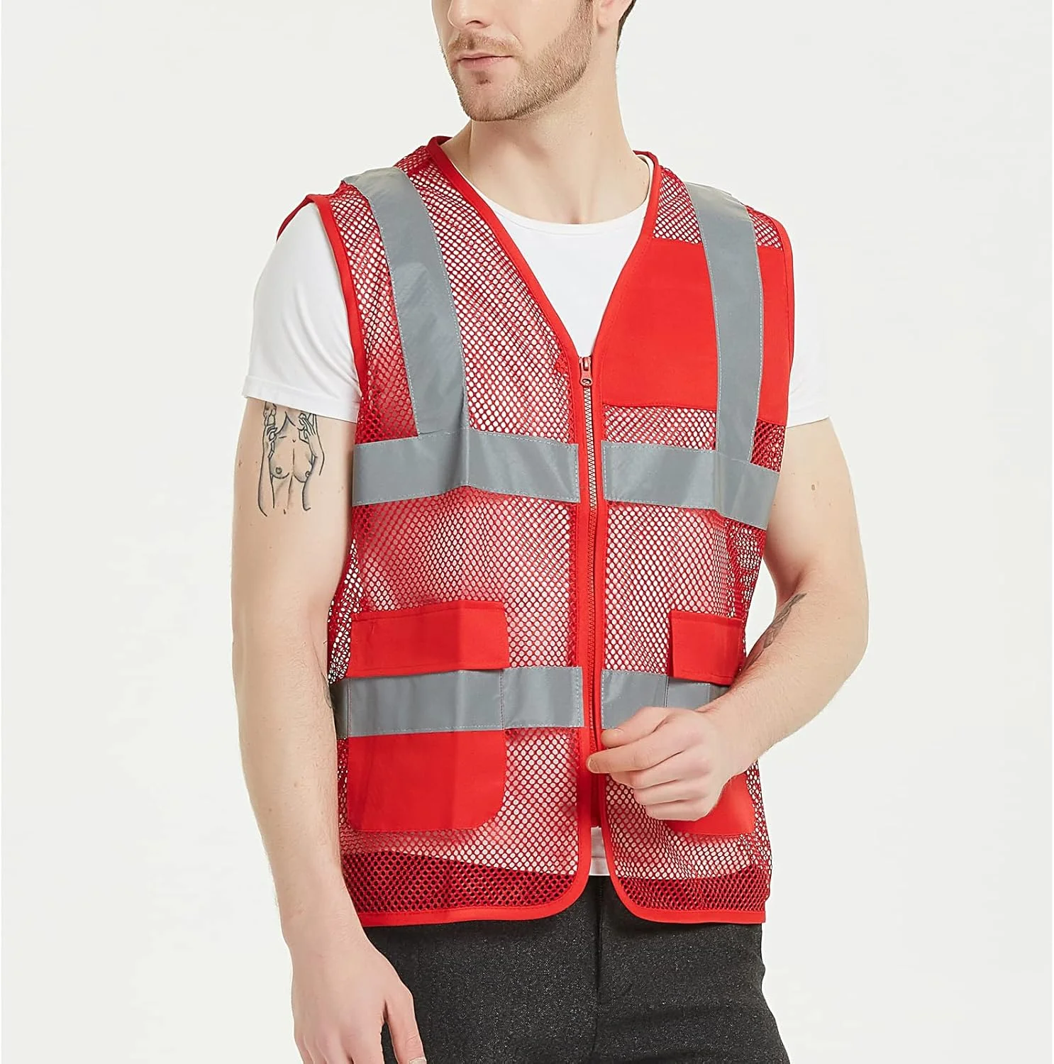 جلیقه داوطلبانه توری TOPTIE سایز آمریکا، جلیقه ایمنی زیپ دار با نوار بازتابنده و جیب