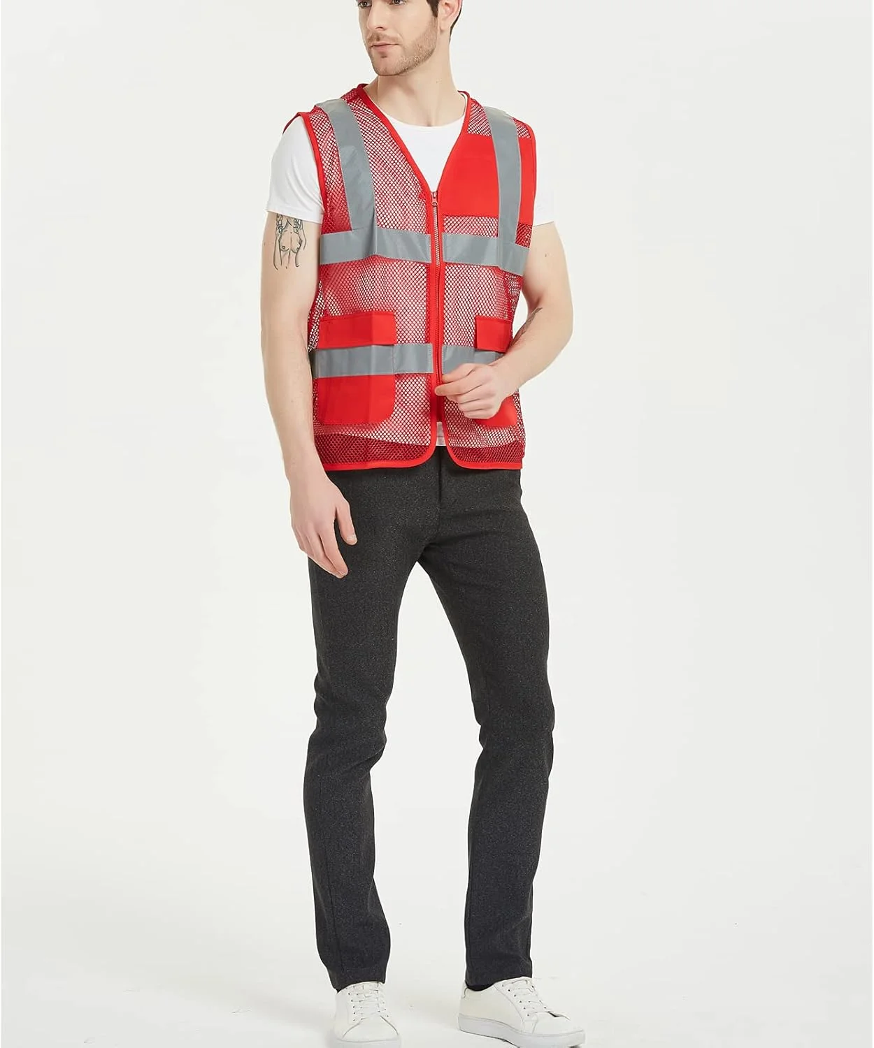 جلیقه داوطلبانه توری TOPTIE سایز آمریکا، جلیقه ایمنی زیپ دار با نوار بازتابنده و جیب