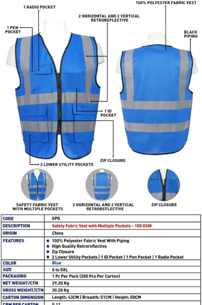 جلیقه پارچه ای ایمنی با زیپ و 3 جیب + جیب شناسایی، رنگ آبی