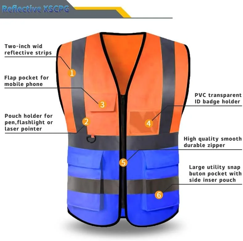 جلیقه ایمنی دید بالا با قابلیت چاپ لوگو سفارشی، جلیقه ایمنی بازتابنده با 5 جیب و نوارهای بازتابنده مناسب کار در فضای باز