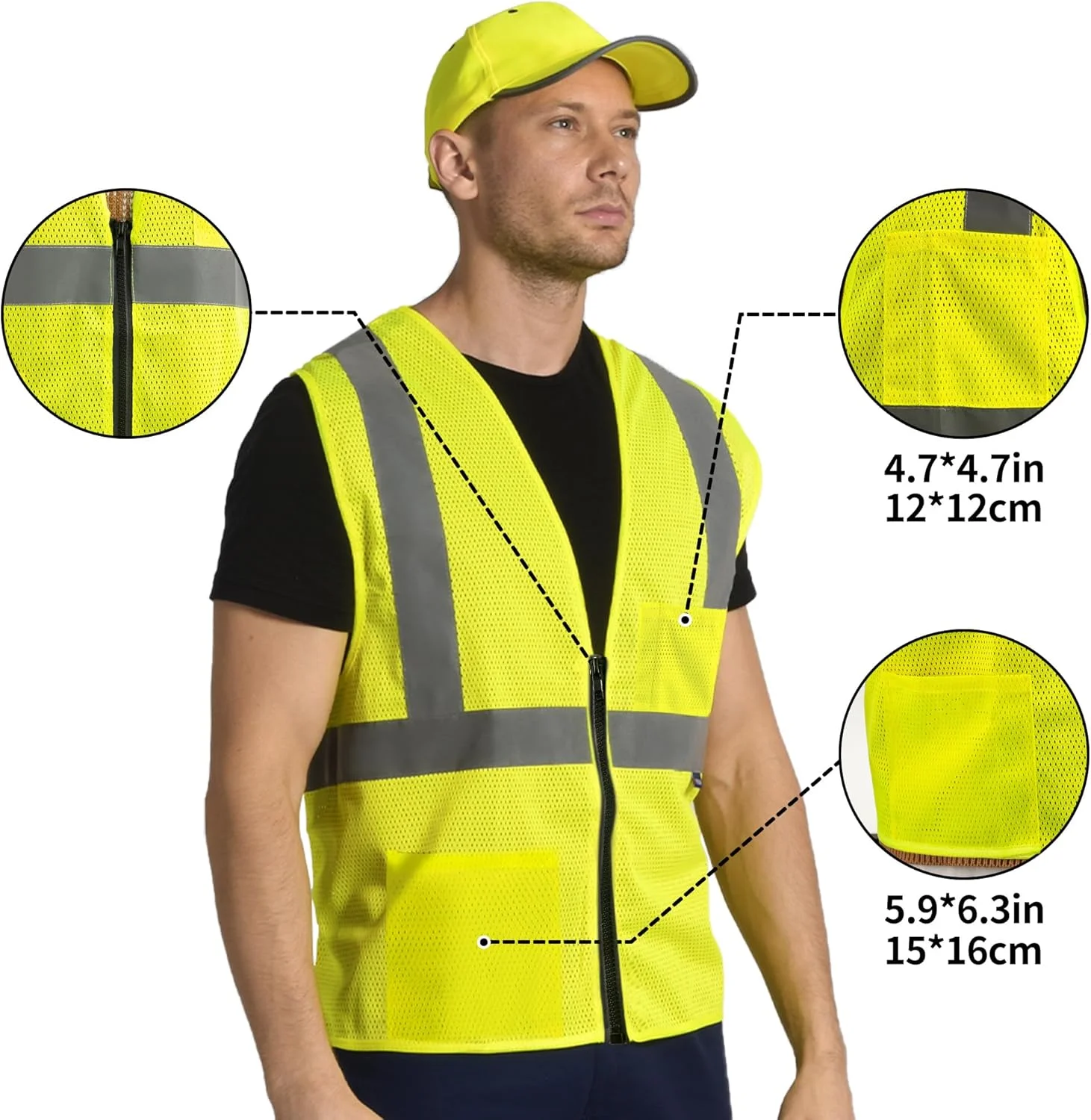 جلیقه ایمنی بازتابنده AYKRM با 2 جیب، جلیقه توری دید بالا کلاس II برای زنان و مردان مطابق با استانداردهای ANSI