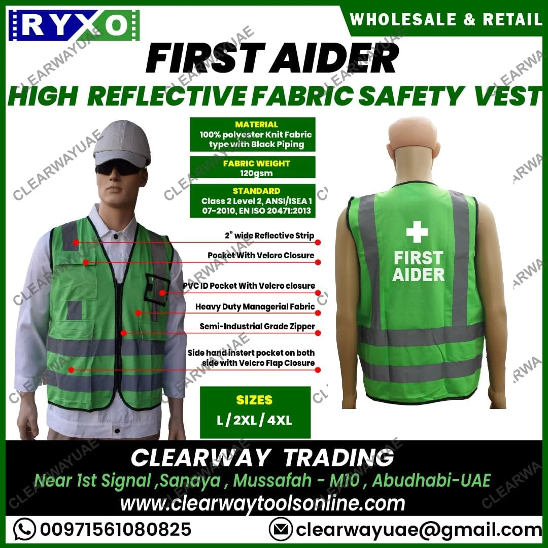 جلیقه ایمنی پارچه بازتابنده دید بالا کمک های اولیه | 100% پلی استر | 120GSM | دارای نوار بازتابنده 2 اینچی | رنگ: سبز | سایز: بزرگ | ایمنی RYXO | CLEARWAY
