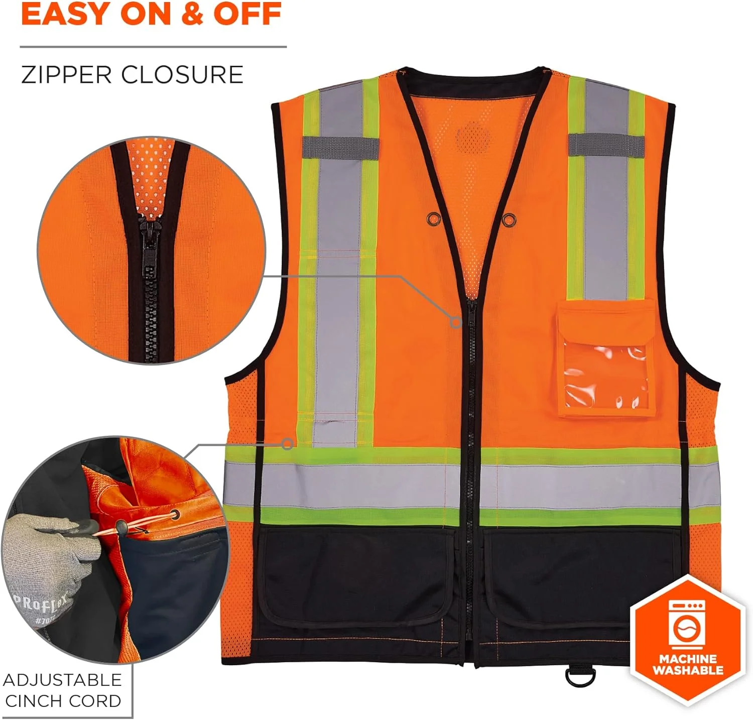 جلیقه ایمنی دو رنگ Glowear 8251hdz-bk، مناسب برای هر دو جنس - نوع R، کلاس 2، زیپ دار، قسمت پایین مشکی (تک عددی)