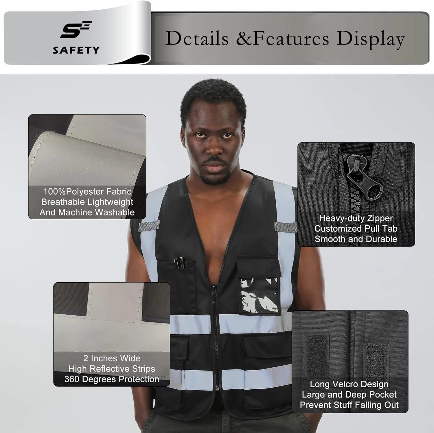 جلیقه ایمنی SESafety با 9 جیب، جلیقه بازتابنده دید بالا، جلیقه کار برای مردان، ANSI/ISEA Class 2 Type R