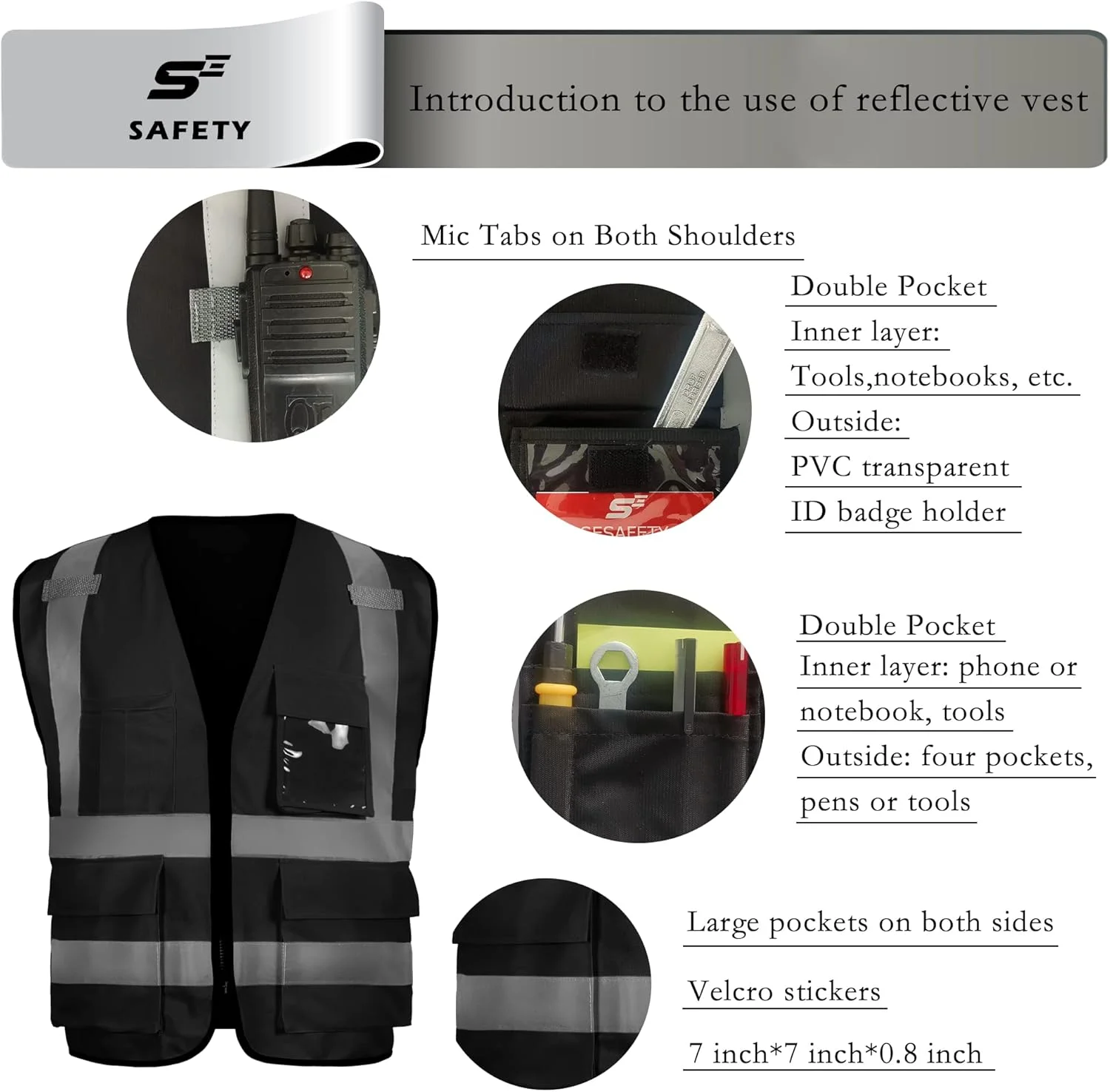 جلیقه ایمنی SESafety با 9 جیب، جلیقه بازتابنده دید بالا، جلیقه کار برای مردان، ANSI/ISEA Class 2 Type R