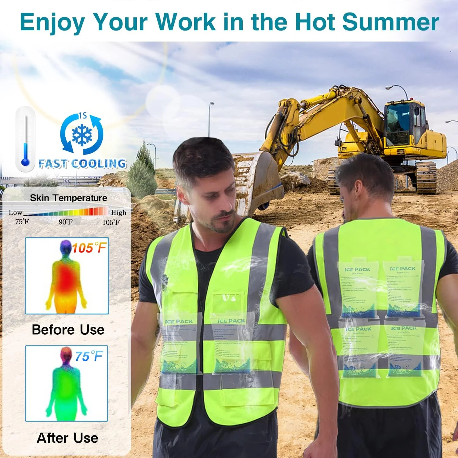 جلیقه ایمنی خنک کننده NJDGF با 6 بسته یخ، جلیقه بازتابنده با جیب، جلیقه دید بالا برای مردان و زنان