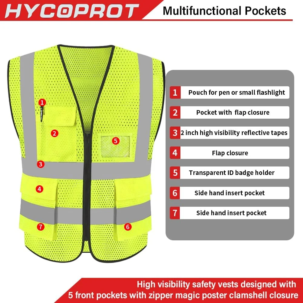 جلیقه ایمنی بازتابنده دید بالا HYCOPROT، ژاکت کار، لباس کار اجرایی زیپ دار، 2 نوار، جیب تلفن همراه امنیتی، جای کارت شناسایی جلیقه ایمنی بازتابنده دید بالا HYCOPROT، ژاکت کار، لباس کار اجرایی زیپ دار، 2 نوار، جیب تلفن همراه امنیتی، جای کارت شناسایی