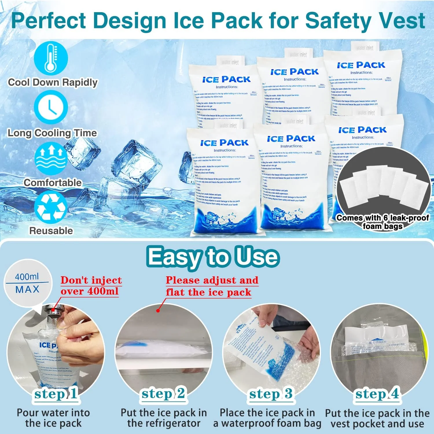 جلیقه ایمنی خنک کننده NJDGF با 6 بسته یخ، جلیقه بازتابنده با جیب، جلیقه دید بالا برای مردان و زنان