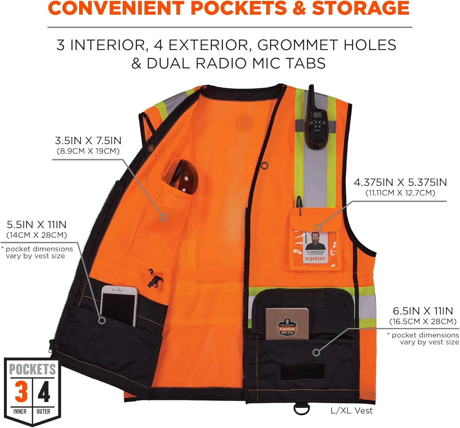 جلیقه ایمنی دو رنگ Glowear 8251hdz-bk، مناسب برای هر دو جنس - نوع R، کلاس 2، زیپ دار، قسمت پایین مشکی (تک عددی)