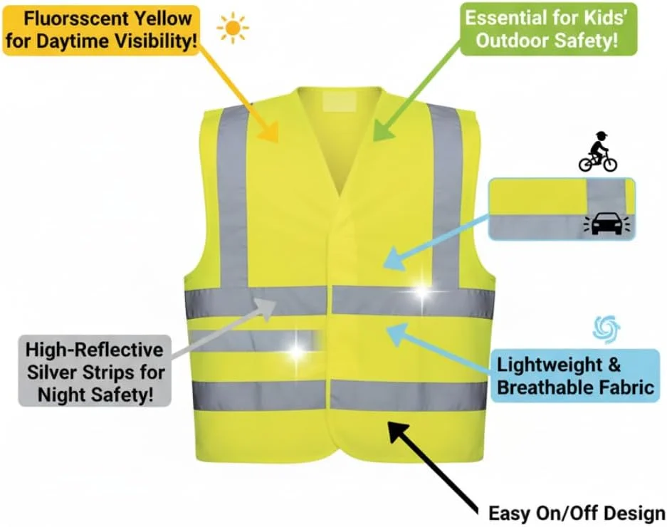 جلیقه ایمنی بازتابنده دید بالا برای کودکان، بسته 2 عددی - تجهیزات نئون سبک وزن و قابل تنظیم برای دوچرخه سواری، پیاده روی، ورزش و فعالیت های خارج از منزل برای پسران و دختران