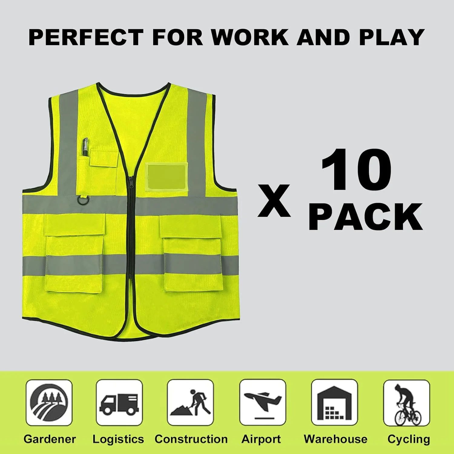 جلیقه ایمنی دید بالا Lavori-AK با جیب و زیپ، جلیقه نواری بازتابنده نئون، جلیقه ساختمانی ANSI 2 جلیقه ایمنی دید بالا Lavori-AK با جیب و زیپ، جلیقه نواری بازتابنده نئون، جلیقه ساختمانی ANSI 2