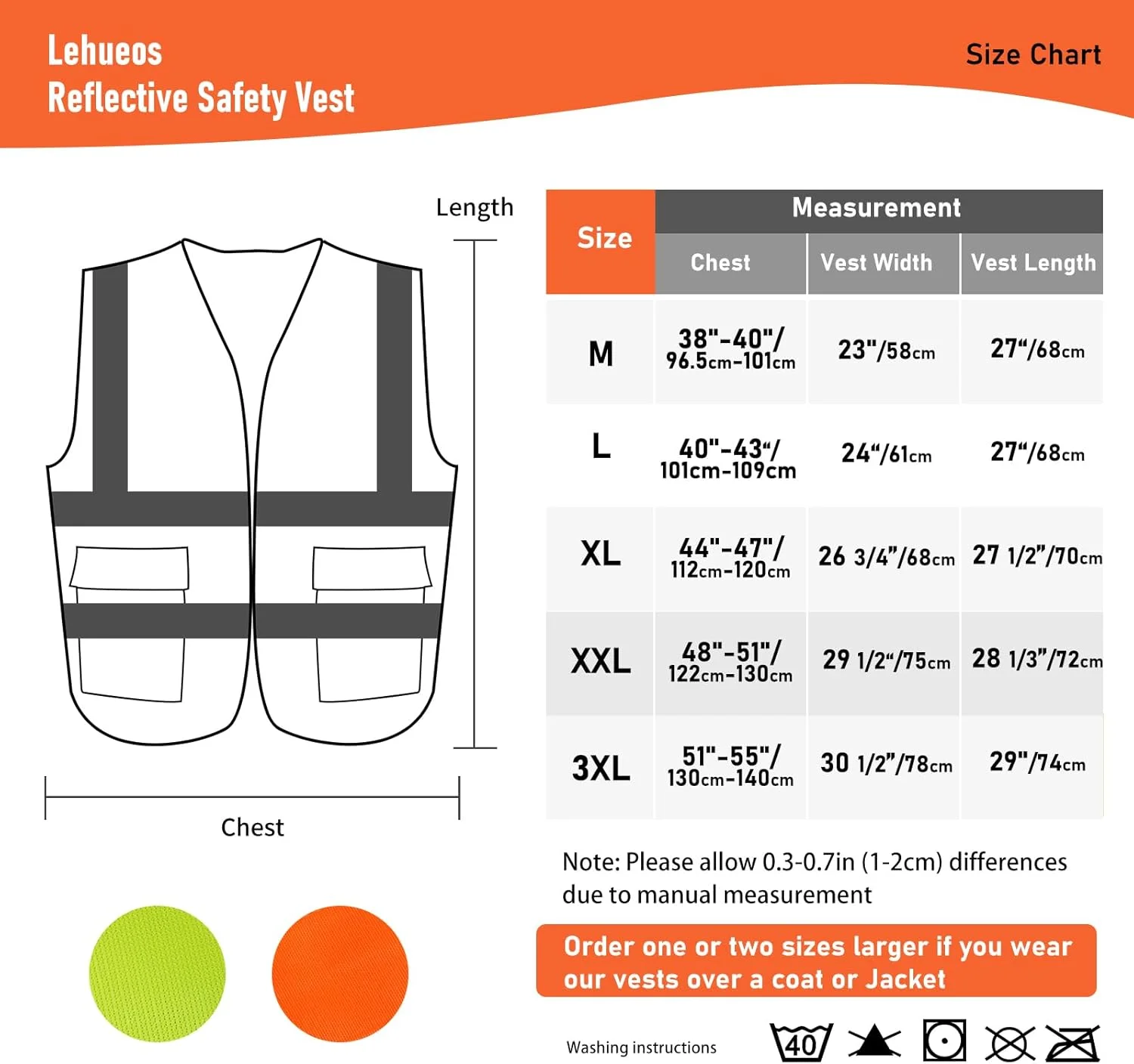 جلیقه ایمنی دید بالا Lehueos با جیب و زیپ مطابق با استاندارد ANSI/ISEA (بسته 1 عددی 5 عددی)
