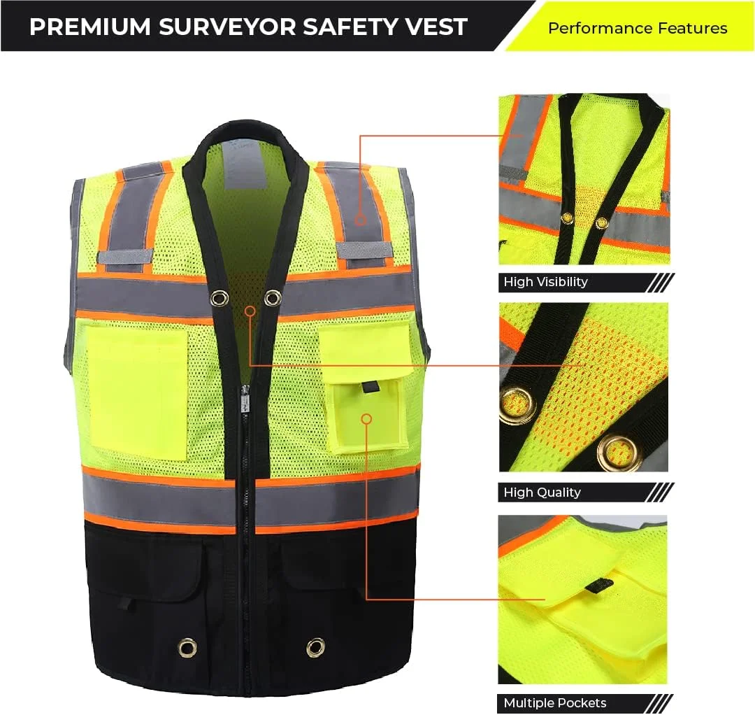 جلیقه ایمنی درخشان - دید بالا با نوارهای بازتابنده و جیب - نرم، بادوام و تنفس پذیر - ANSI CLASS 2