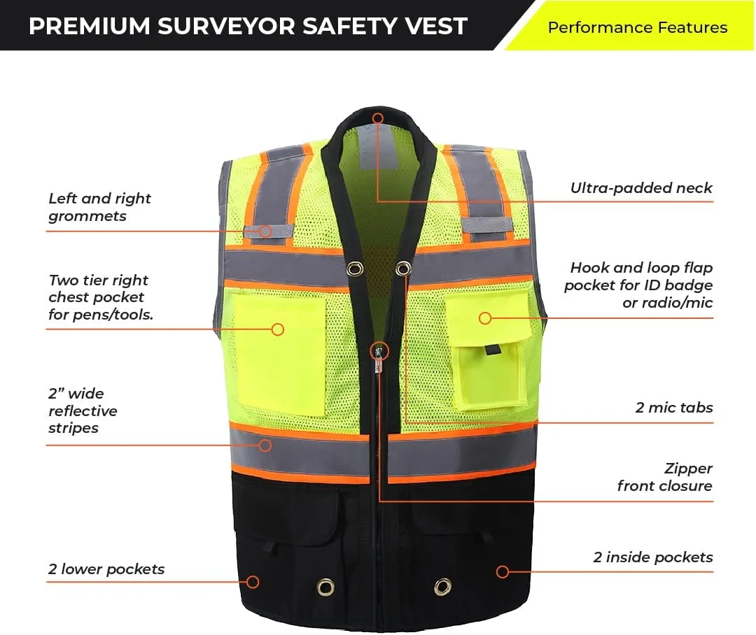 جلیقه ایمنی درخشان - دید بالا با نوارهای بازتابنده و جیب - نرم، بادوام و تنفس پذیر - ANSI CLASS 2